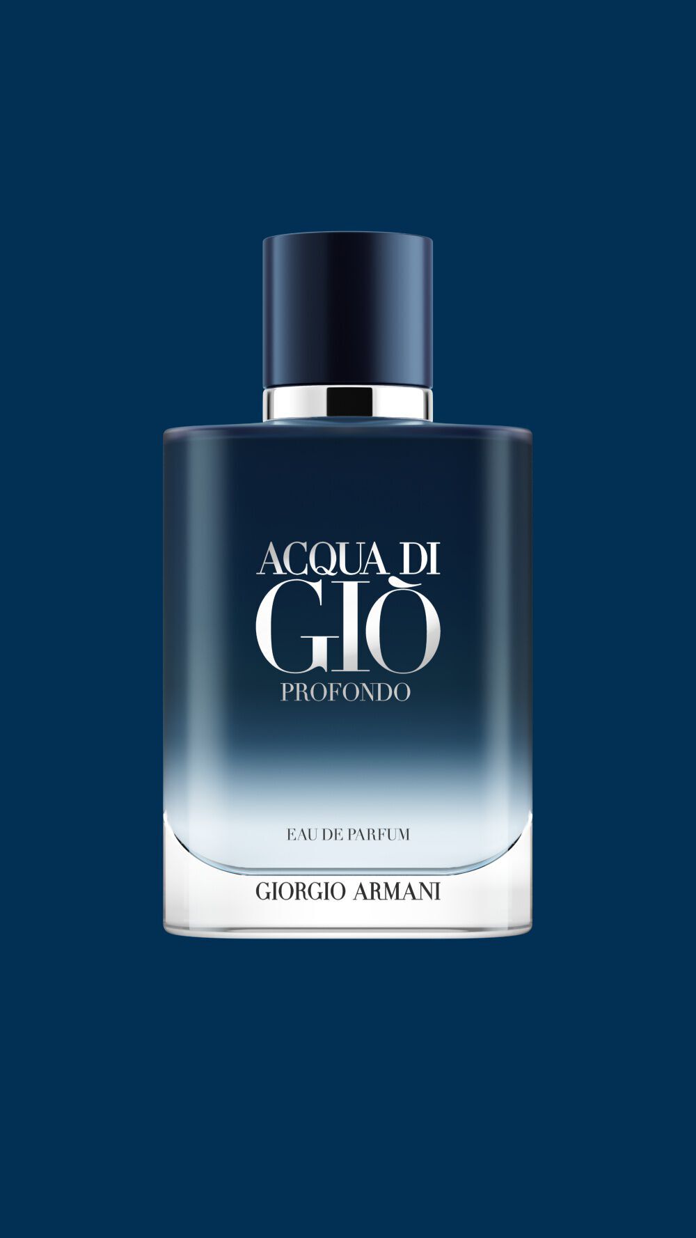 Giorgio Armani Acqua Di Gio Profondo Eau de Parfum bottle. A deep blue gradient design inspired by the depth of the sea.  