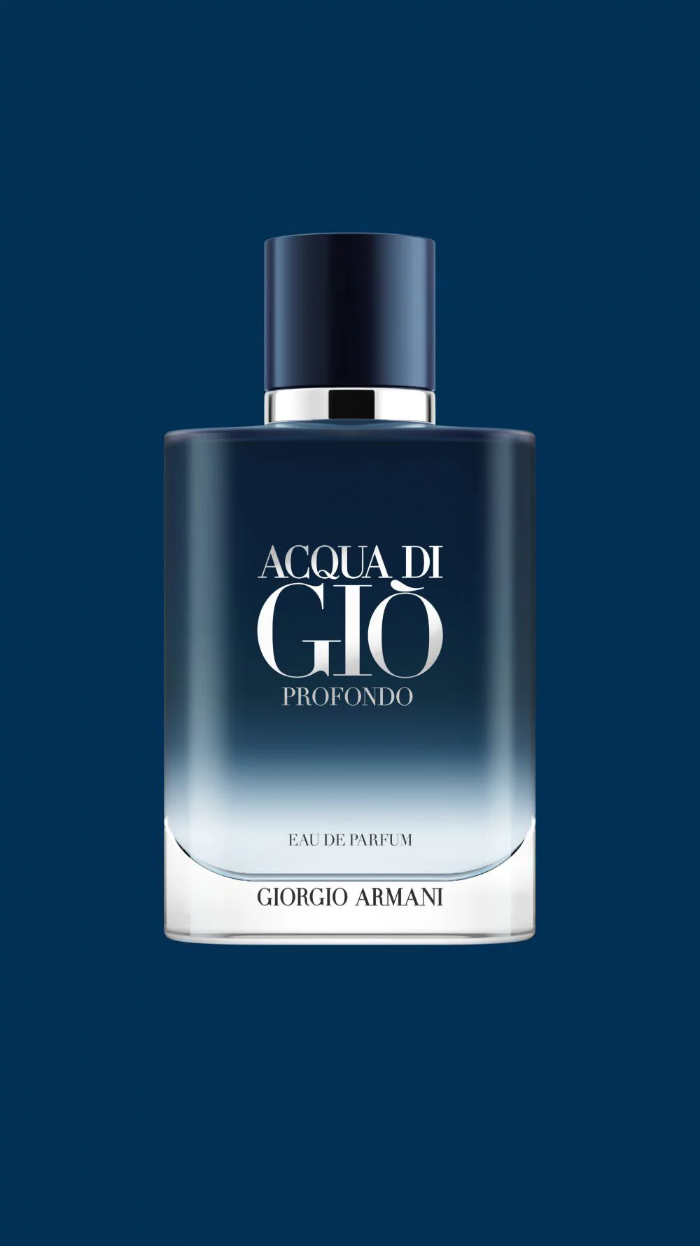 Giorgio Armani Acqua Di Gio Profondo Eau de Parfum bottle. A deep blue gradient design inspired by the depth of the sea.