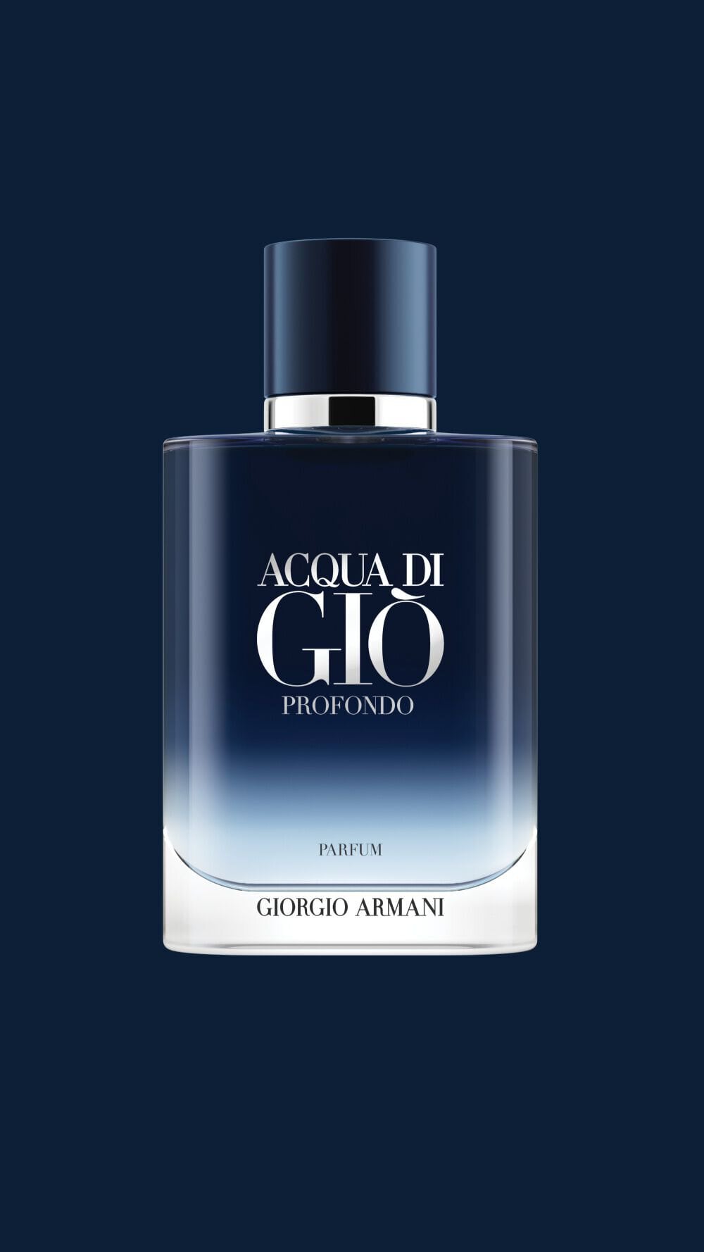 Giorgio Armani Acqua Di Gio Profondo Parfum bottle. A deep blue gradient design inspired by the depths of the sea.