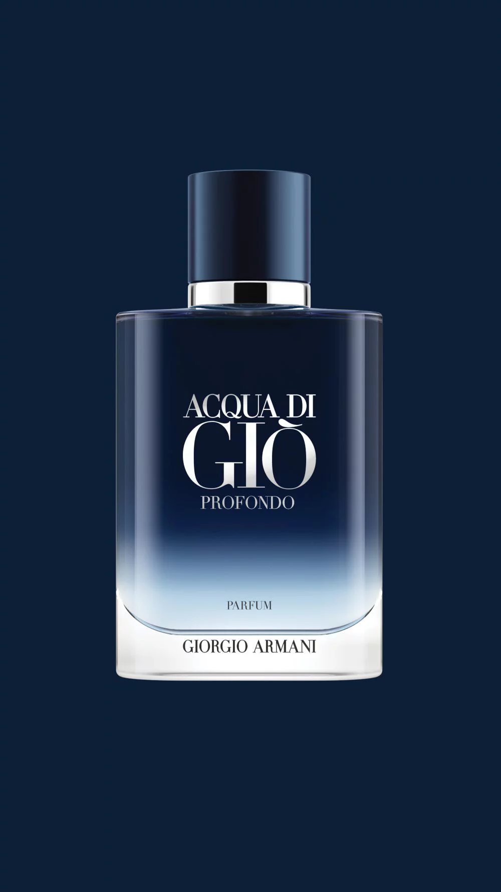 Giorgio Armani Acqua Di Gio Profondo Parfum bottle. A deep blue gradient design inspired by the depths of the sea.