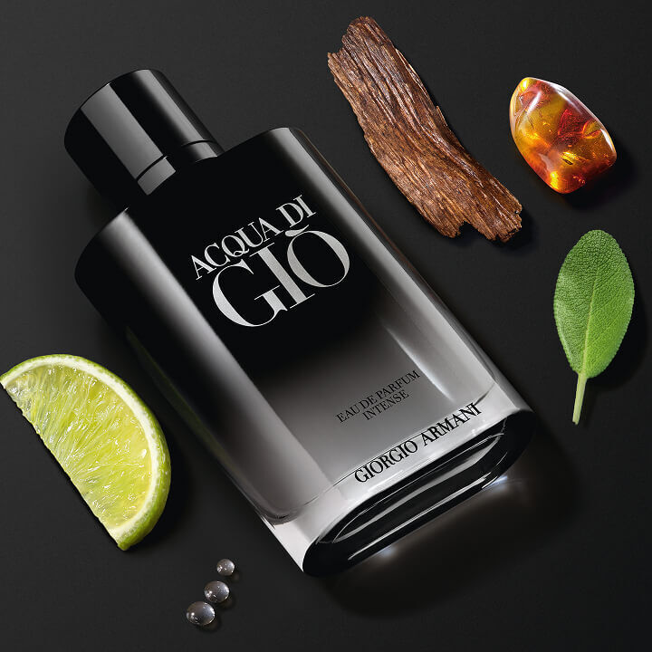 Giorgio Armani Acqua Di Gio Eau de Parfum Intense bottle with bergamot, ambery accord, and clary sage. A dark composition.