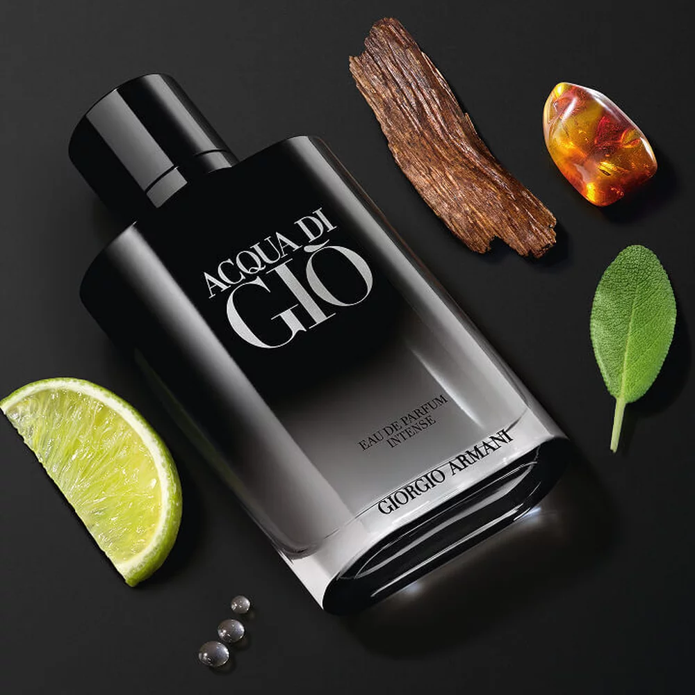 Giorgio Armani Acqua Di Gio Eau de Parfum Intense bottle with bergamot, ambery accord, and clary sage. A dark composition.