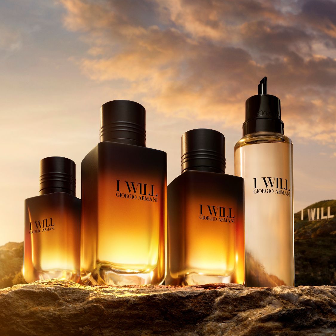 Giorgio Armani I WILL Eau de Parfum refillable bottles and refill. A black and gold men’s fragrance range.