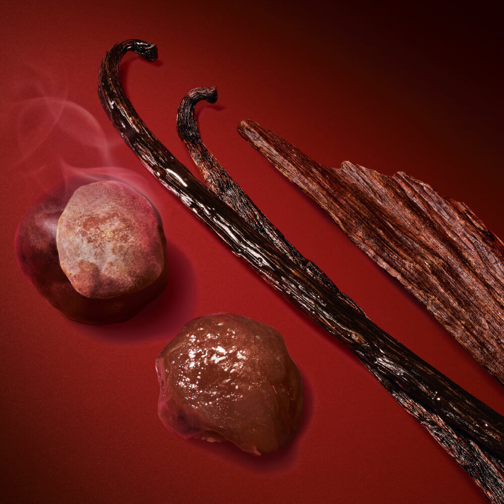 Base Note: Vanilla beans, chestnuts, and amberywood against a deep red background.