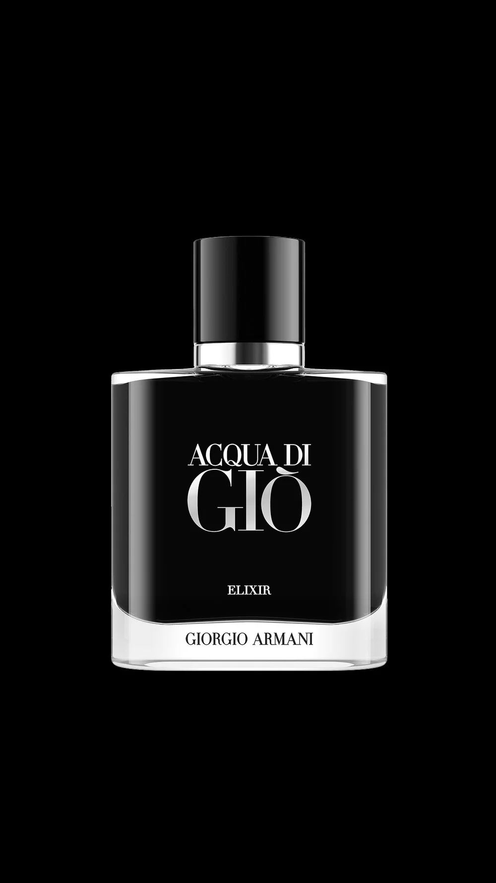 Giorgio Armani Acqua Di Gio Elixir bottle. A sleek black design with a bold and intense appearance.