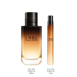 I Will Eau de Parfum 100ml and 10ml bottles standing upright — Giorgio Armani men's fragrance gift set, white background.