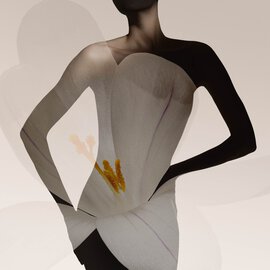 Elegant back of a silhuette draped in light fabric.