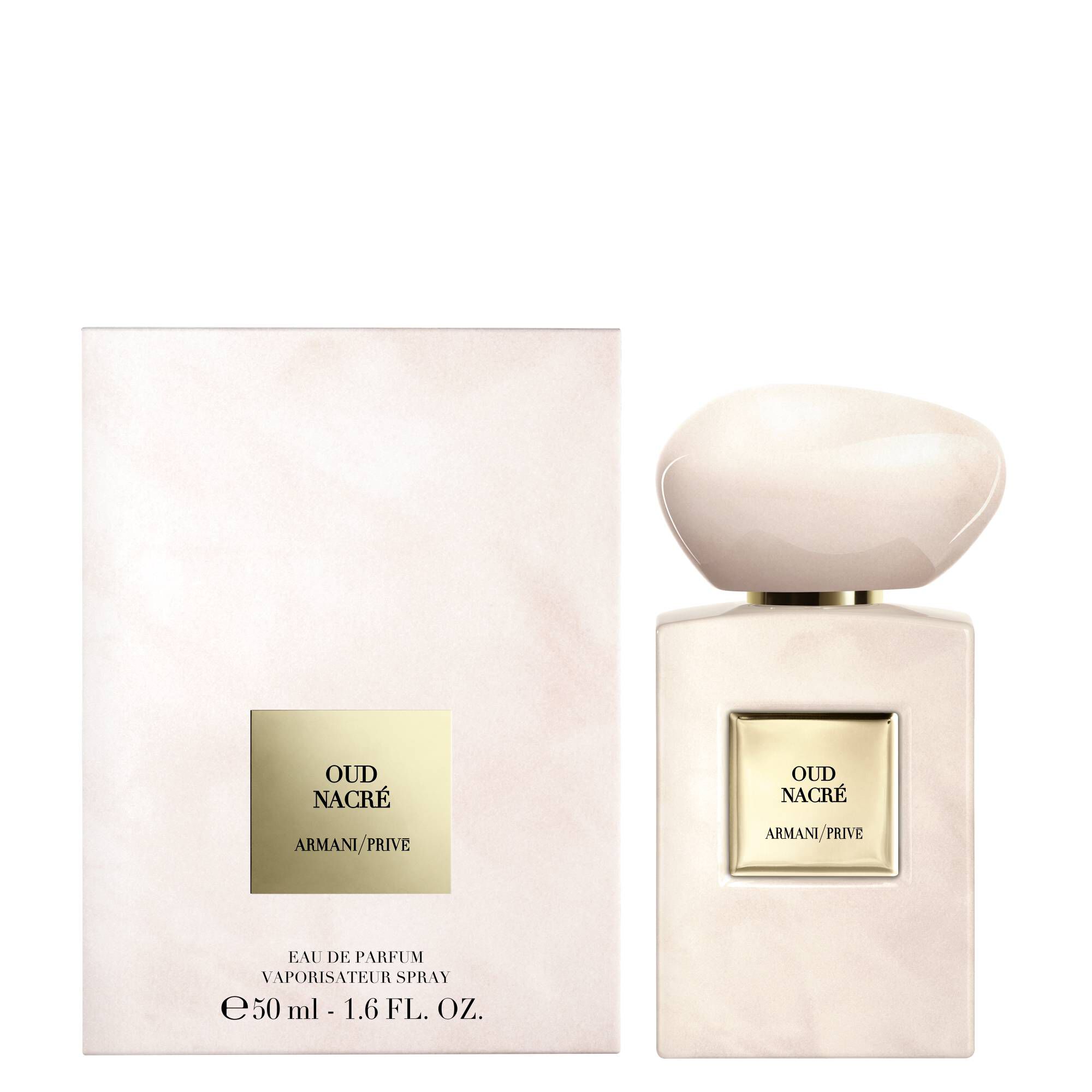 Armani Prive Oud Nacre perfume bottle and its white presentation box.
