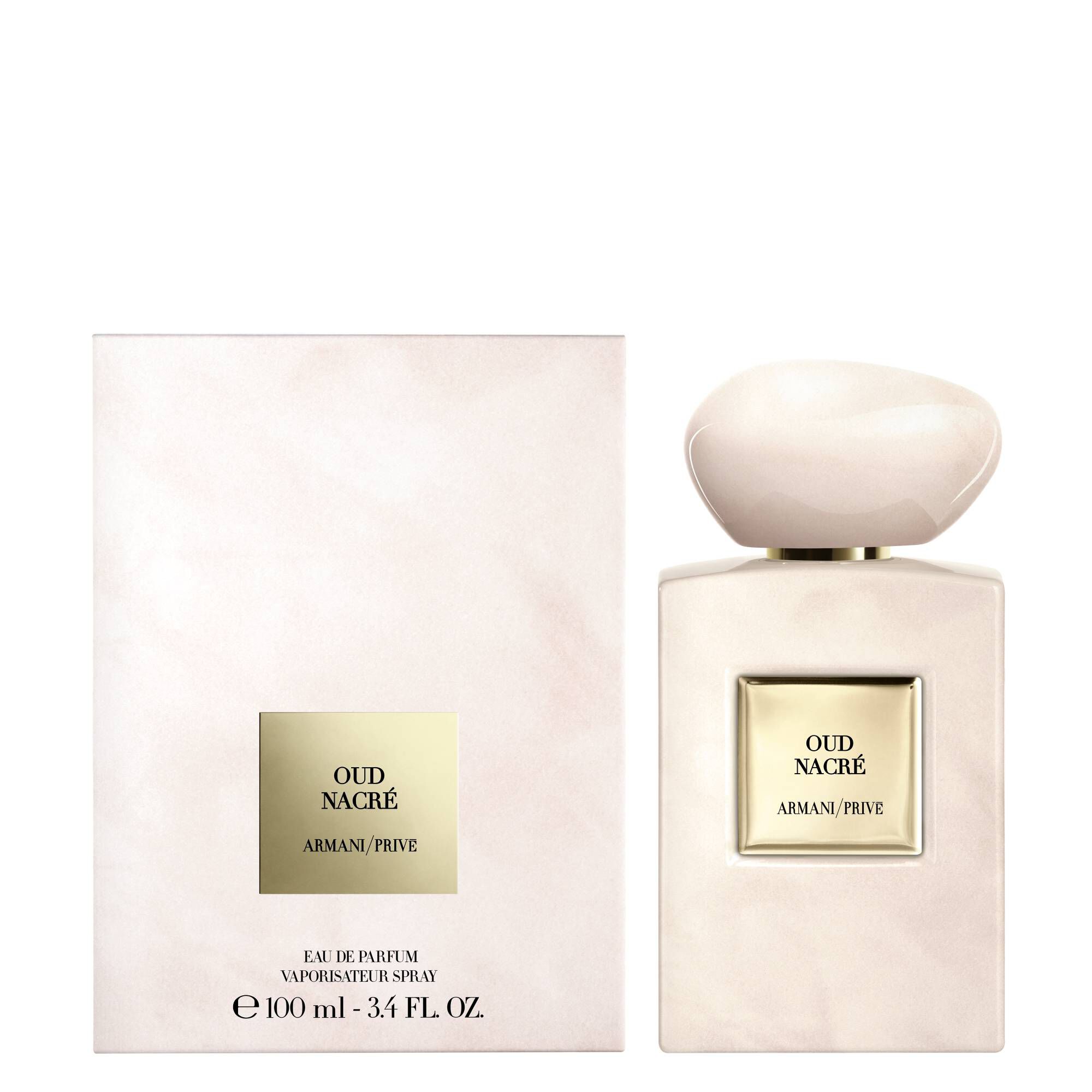 Armani Prive Oud Nacre perfume bottle and its white presentation box.
