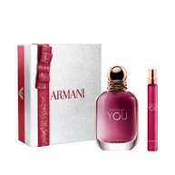 Power of You Eau de Parfum 50ml and 10ml in a sleek ruby bottle duo, nestled in an open white Armani gift box with red ribbon — women's floral fragrance gift set.