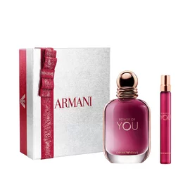 Power of You Eau de Parfum 50ml and 10ml in a sleek ruby bottle duo, nestled in an open white Armani gift box with red ribbon — women's floral fragrance gift set.