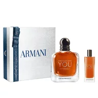 Emporio Armani Stronger With You Intensely Eau de Parfum 100ml — gift set with signature amber bottle and Stronger With You Intensely 15ml bottle presented alongside the grey Armani gift box on a clean white surface.
