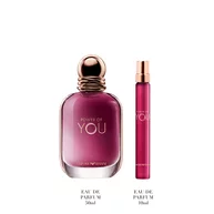 Power of You Eau de Parfum 50ml and 10ml, bold ruby bottles standing upright — Giorgio Armani women's floral fragrance gift set, white background.