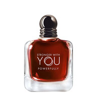 Armani Stronger With You Powerfully perfume bottle, featuring a rich amber liquid and elegant design.
