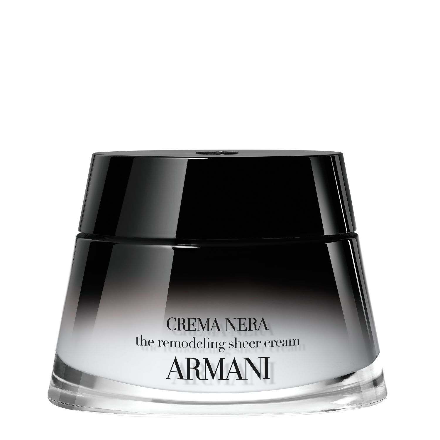 Black jar of Armani Crema Nera, the remodeling sheer cream, with a clear base.