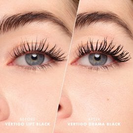 Before and after result of Armani Beauty  VERTIGO DRAMA MASCARA on lifted, defined lashes