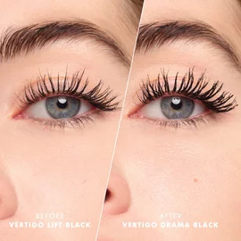 Before and after result of Armani Beauty  VERTIGO DRAMA MASCARA on lifted, defined lashes