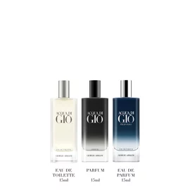 Acqua di Gio Eau de Toilette, Profondo Eau de Parfum and Parfum 15ml mini bottles lined up — Giorgio Armani men's fragrance discovery set, white background.