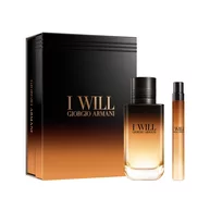 I Will Eau de Parfum 100ml and 10ml gift set in an open black and amber Armani gift box, white background.