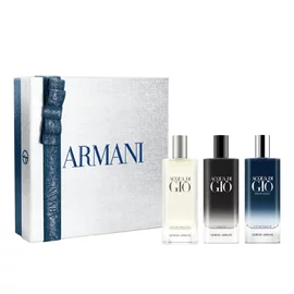 Acqua di Gio three-piece mini fragrance gift set — Eau de Toilette, Profondo Eau de Parfum and Parfum 15ml — in an open Armani gift box, white background.