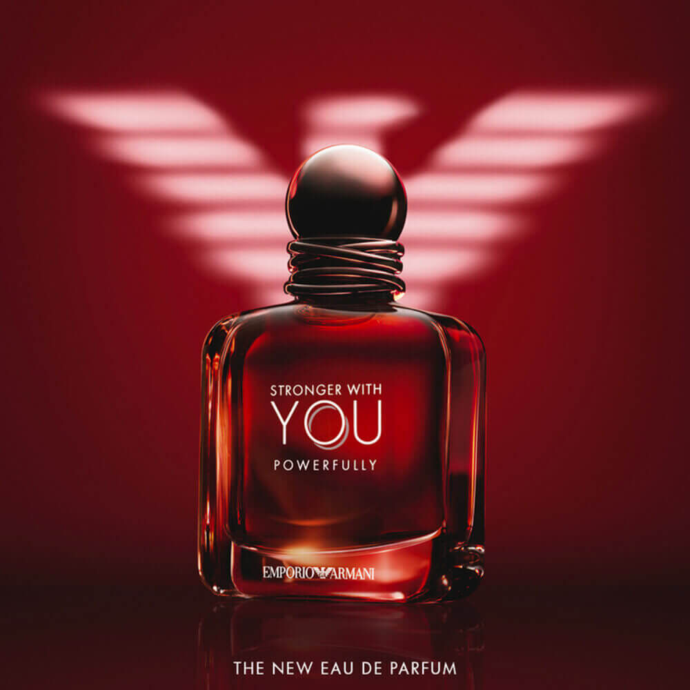 Armani Stronger With You Powerfully bottle with illuminated wings, symbolizing strength.