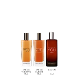 Emporio Armani Stronger With You Eau de Toilette 15ml, Stronger With You Intensely 15ml and Stronger With You Parfum 15ml — three signature bottles displayed side by side on a pale surface.