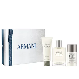 Giorgio Armani Acqua di Gio Eau de Toilette 100ml gift set — signature bottle, All-Over Body Shampoo 75ml and Deodorant Stick 75g displayed alongside the grey Armani gift box, white background.