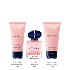 My Way Eau de Parfum 50ml bottle, 50ml Perfumed Body Lotion and 50ml Shower Gelstanding upright — Giorgio Armani women's floral fragrance gift set, white background.