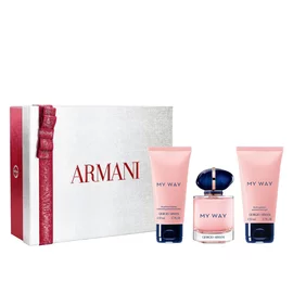 My Way Eau de Parfum 50ml bottle, 50ml Perfumed Body Lotion and 50ml Shower Gel nestled in an open white Armani gift box with red ribbon — women's floral fragrance gift set.