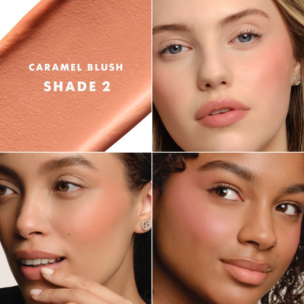Pink cheek tint shade swatch and makeup results on different skin tones
