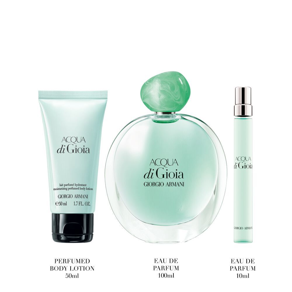 ACQUA DI GIOIA EAU DE PARFUM 100 ml, ACQUA DI GIOIA EAU DE PARFUM 10 ml et LOTION POUR LE CORPS PARFUMEE sur fond blanc.
