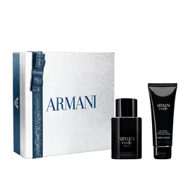 Armani Code Parfum 50ml and All-Over Body Shampoo 75ml gift set in an open Armani gift box, white background.